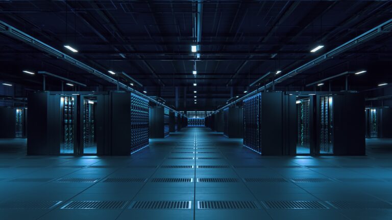 High-tech server room with data centers, cooling systems, and advanced IT infrastructure for efficient data management and cybersecurity.