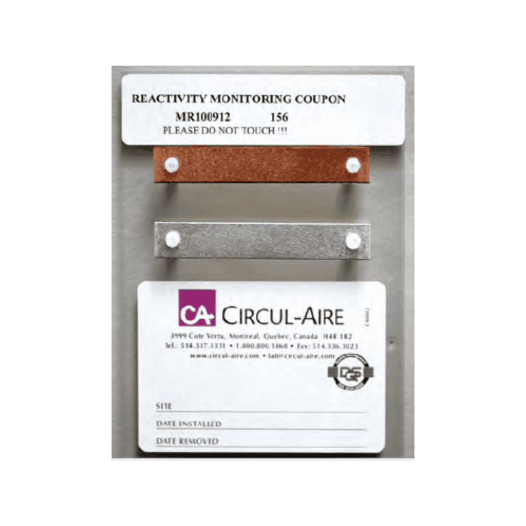 Reactivity Monitoring Coupon for Circul-Aire air filtration systems, showcasing industrial-grade labels and components for air quality testing and monitoring.