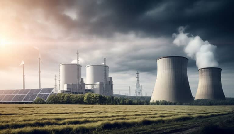 Clean energy plant with solar panels, wind turbines, and cooling towers emitting steam, focused on sustainable power generation, emphasizing environmentally friendly energy solutions and renewable resources.
