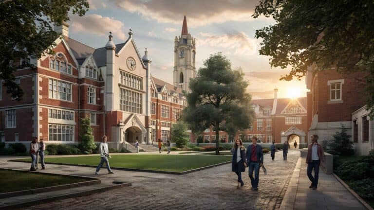 A historic university campus with Gothic-style architecture, lush green lawns, and students walking at sunset, showcasing inspiring academic environment and vibrant student life.