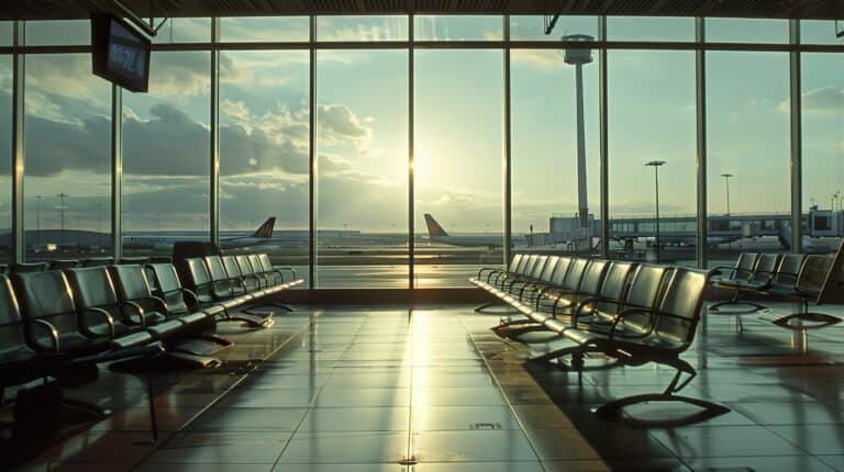 Quiet airport terminal with large windows, empty seating, and planes outside during sunset, emphasizing airport waiting area, air travel, and airport lounge comfort.