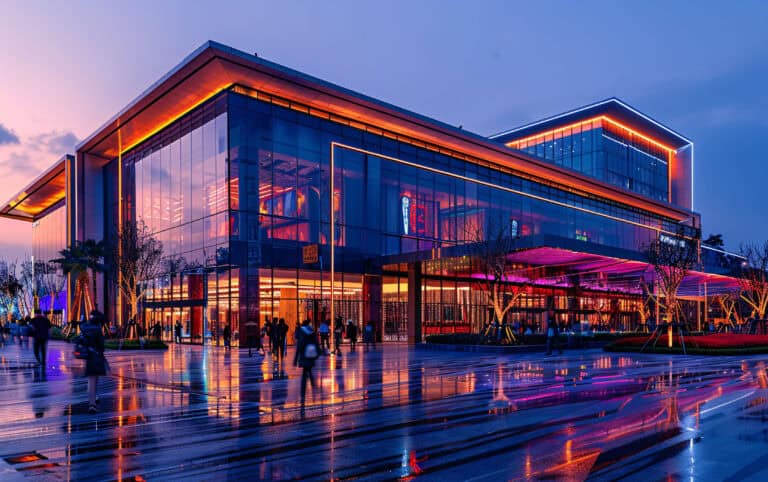 Modern commercial building with vibrant neon lighting emphasizing climate control and air purification solutions, perfect for innovative urban environments.