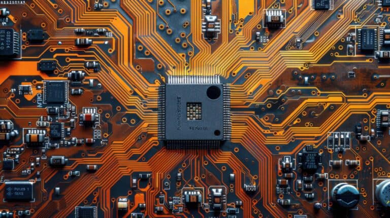 Advanced computer motherboard with circuit board design, electronic microchips, and technology components for digital innovation and hardware development.
