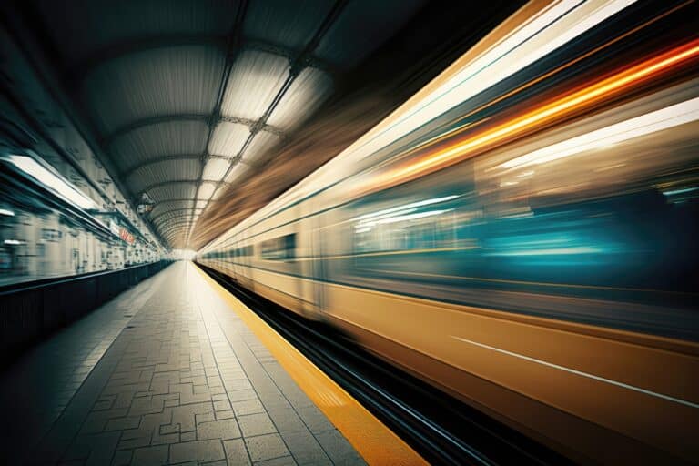 High-speed train in motion inside a modern underground station, showcasing rapid transit and efficient transportation solutions for urban mobility.