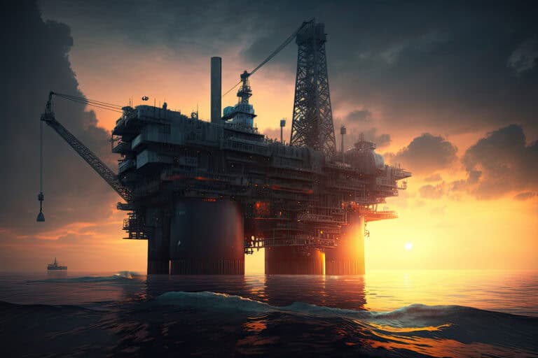 Offshore oil rig at sunset with warm lighting and dramatic sky, emphasizing energy industry, maritime engineering, and sustainable resource extraction.