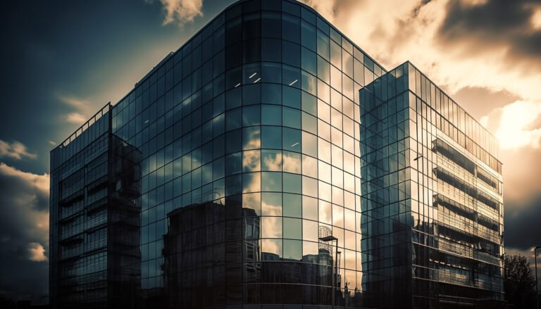 Bright modern office building with reflective glass facade during sunset, showcasing innovative architecture and urban business environment.