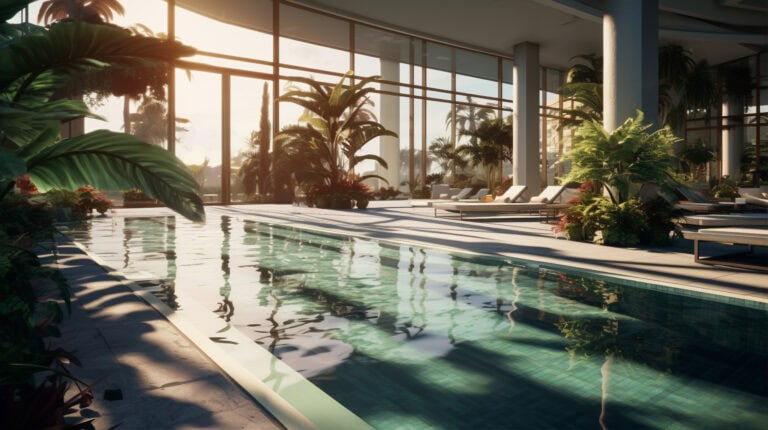 Relaxing indoor swimming pool with large glass windows, lush tropical plants, and comfortable lounge chairs for a luxurious wellness experience.