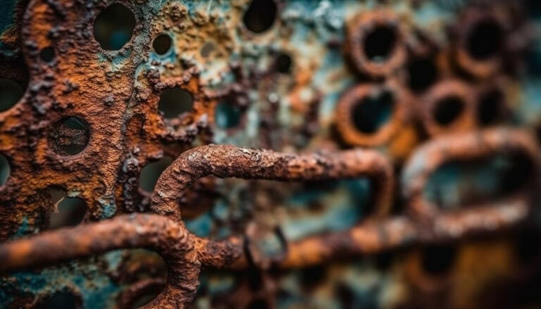 Rusted metal surface with holes, showcasing corrosion and decay, perfect for highlighting metal restoration, corrosion removal, and industrial maintenance.